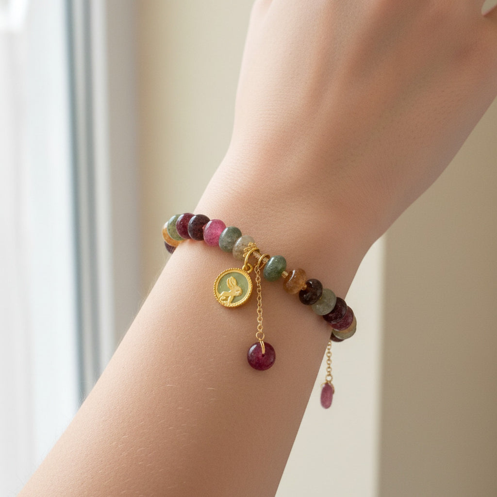Multicolor Tourmaline Beaded Bracelet With Gold Charm