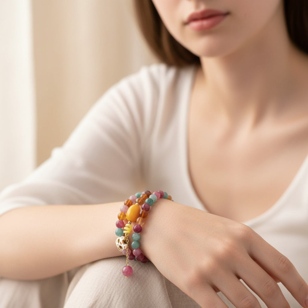 Colorful Beaded Bracelet With Cat Charm