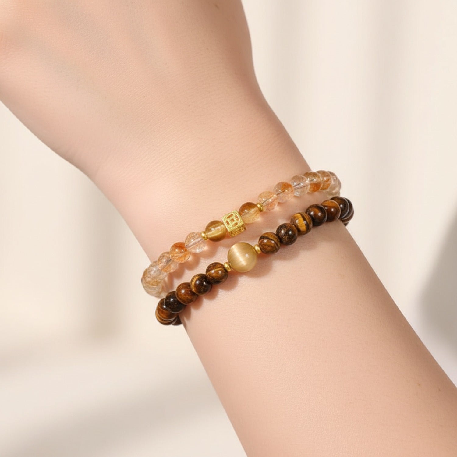 Beaded Bracelet Set Tiger Eye Stone Gold Accents