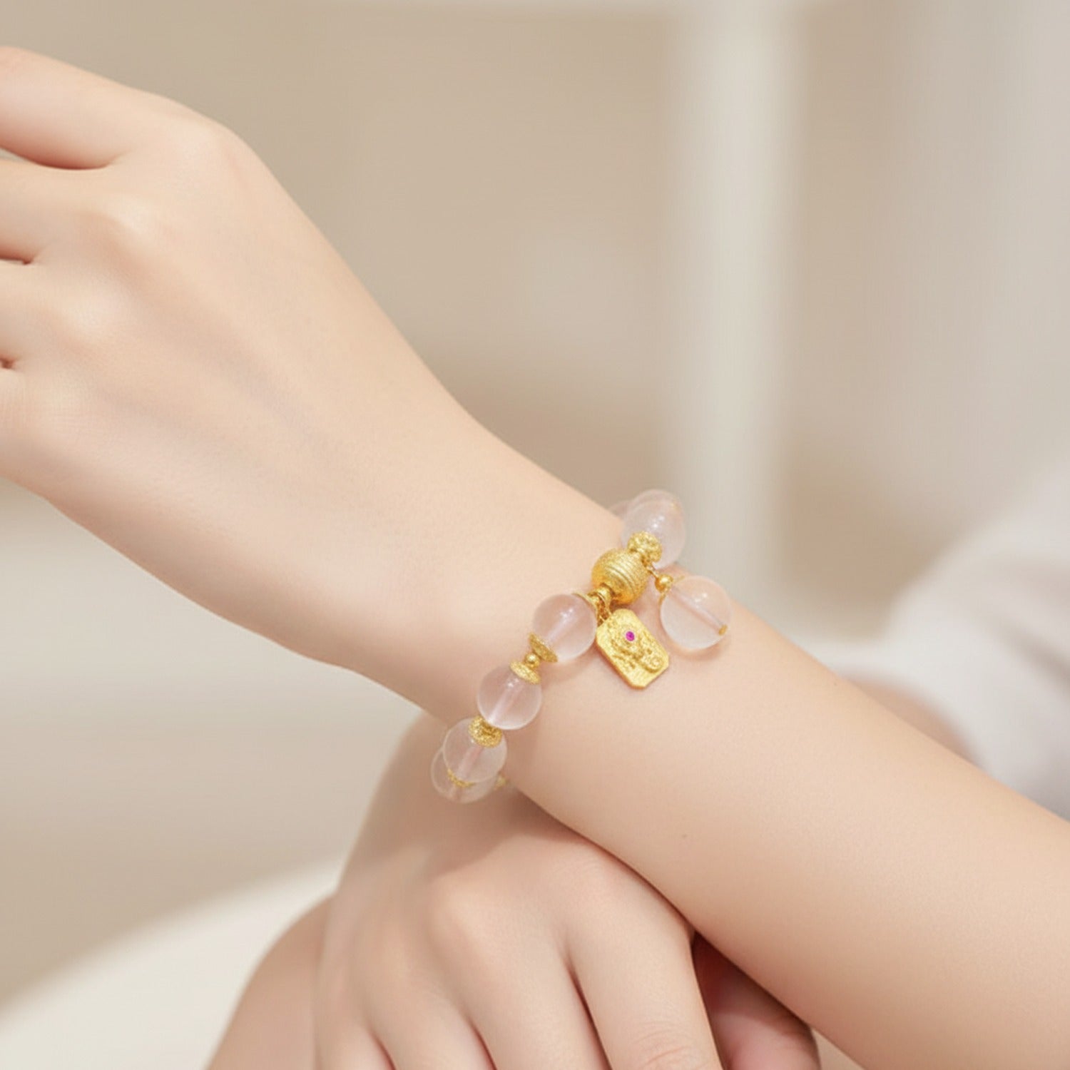 Rose Quartz Beaded Charm Bracelet Gold