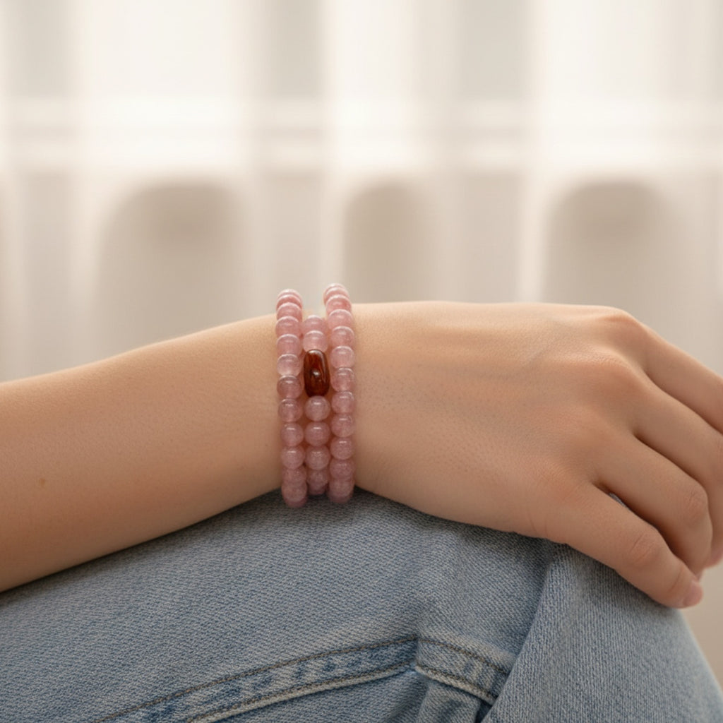 Rose Quartz Beaded Bracelet With Red Agate Accent