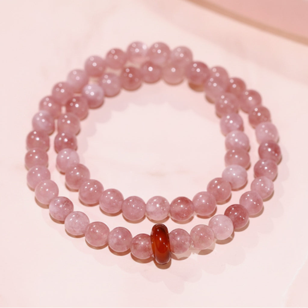 Rose Quartz Beaded Bracelet With Red Agate Accent – jewelry (view 2)