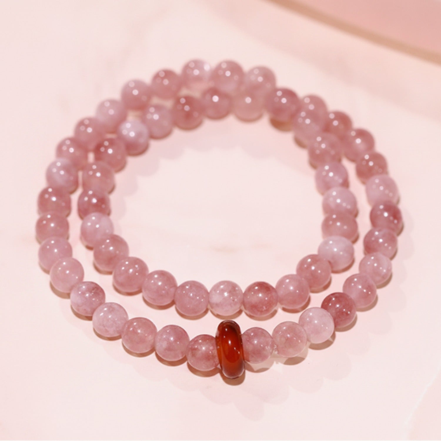 Rose Quartz Beaded Bracelet With Red Agate Accent