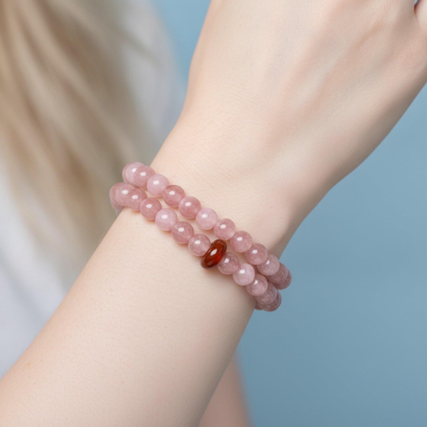 Rose Quartz Beaded Bracelet With Red Agate Accent