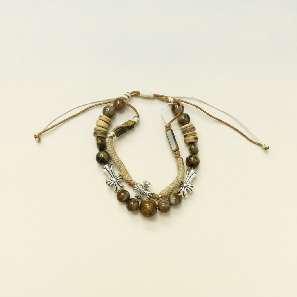 Earthy Toned Beaded Cross Charm Bracelet – jewelry (view 1)