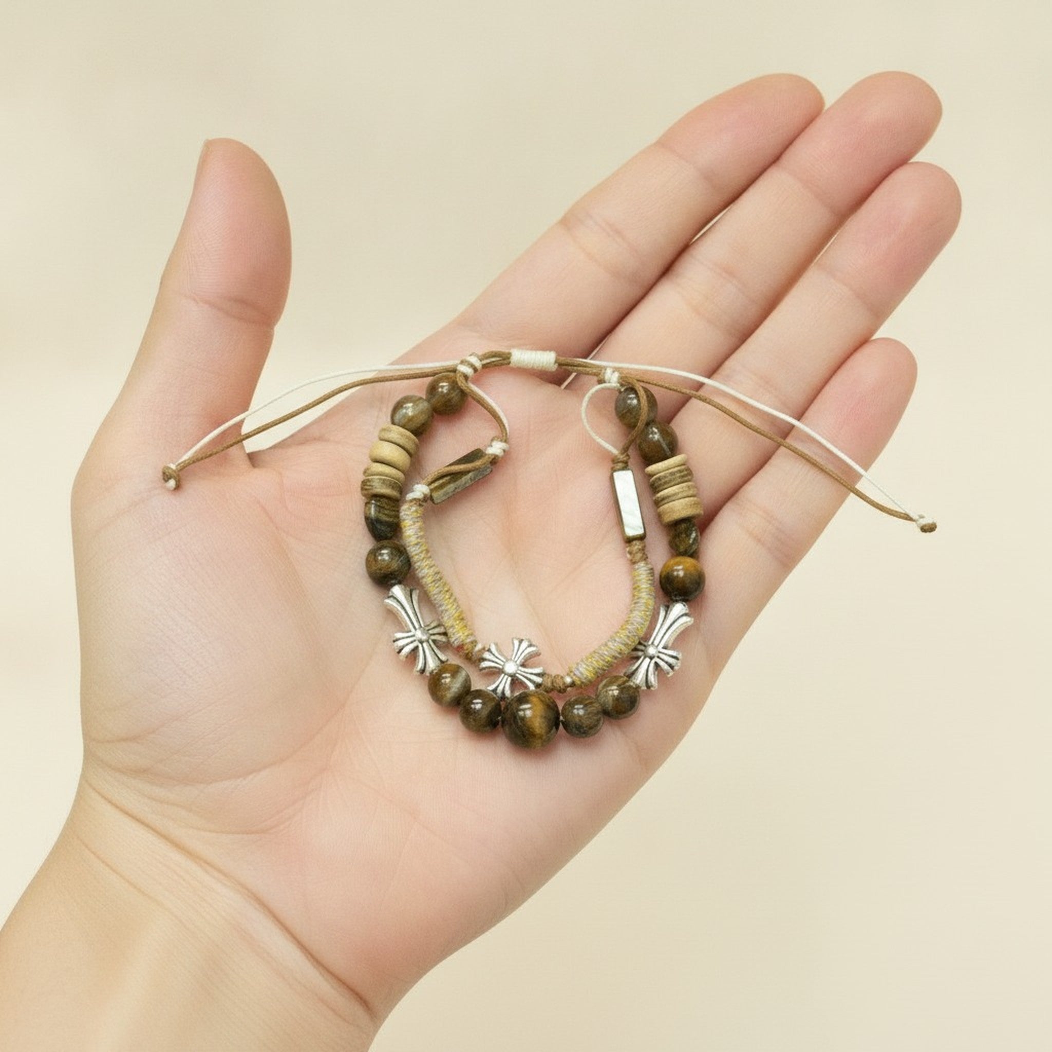 Earthy Toned Beaded Cross Charm Bracelet – jewelry (view 3)