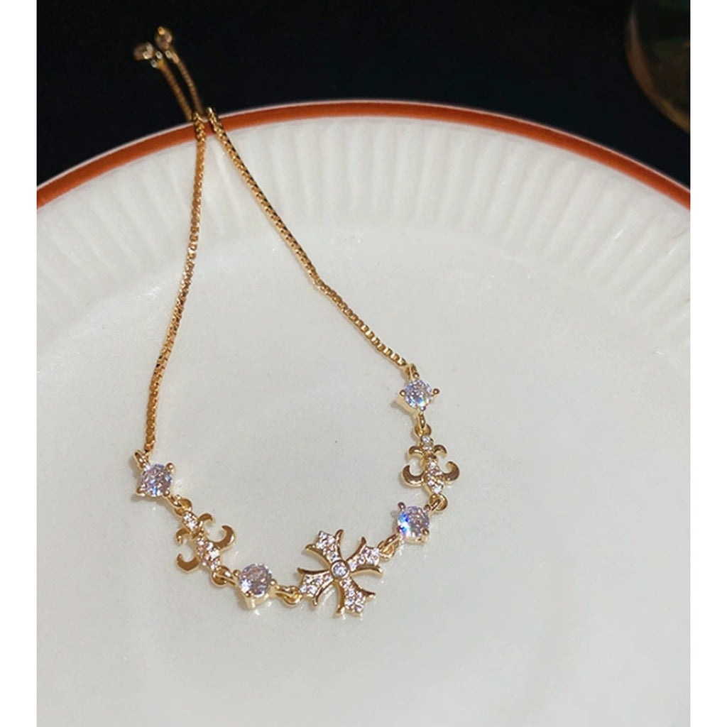 Cross Charm Bracelet With Rhinestones - Bracelet - Gold – jewelry (view 1)