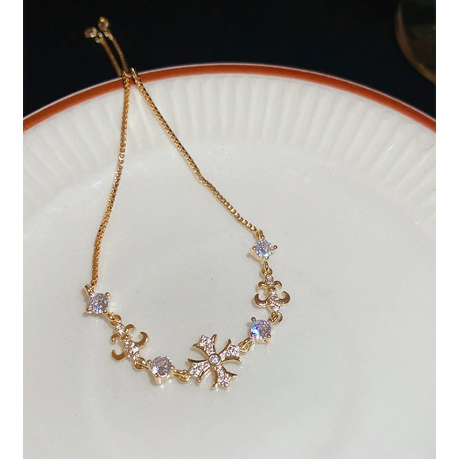 Cross Charm Bracelet With Rhinestones - Bracelet - Gold