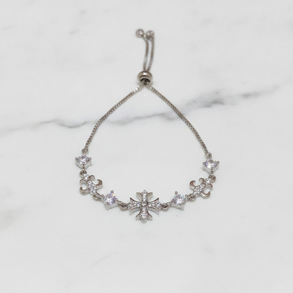 Cross Charm Bracelet With Rhinestones - Silver Bracelet