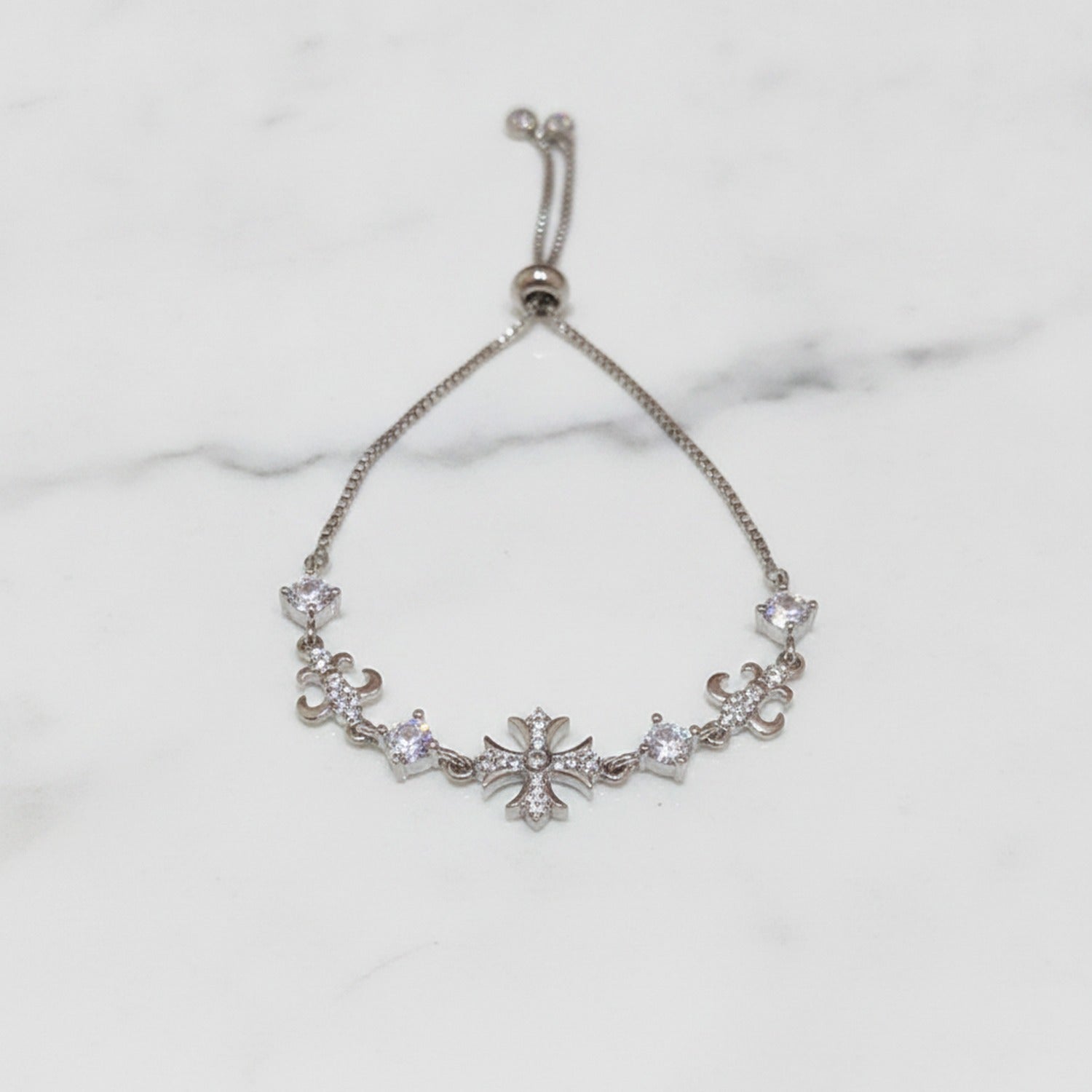 Cross Charm Bracelet With Rhinestones - Silver Bracelet