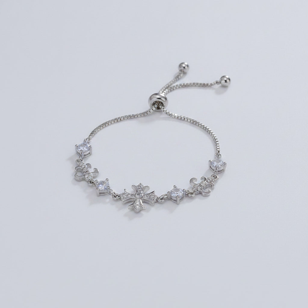 Cross Charm Bracelet With Rhinestones - Silver Bracelet