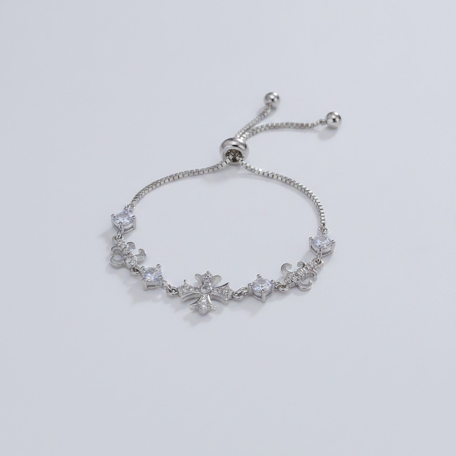Cross Charm Bracelet With Rhinestones - Silver Bracelet