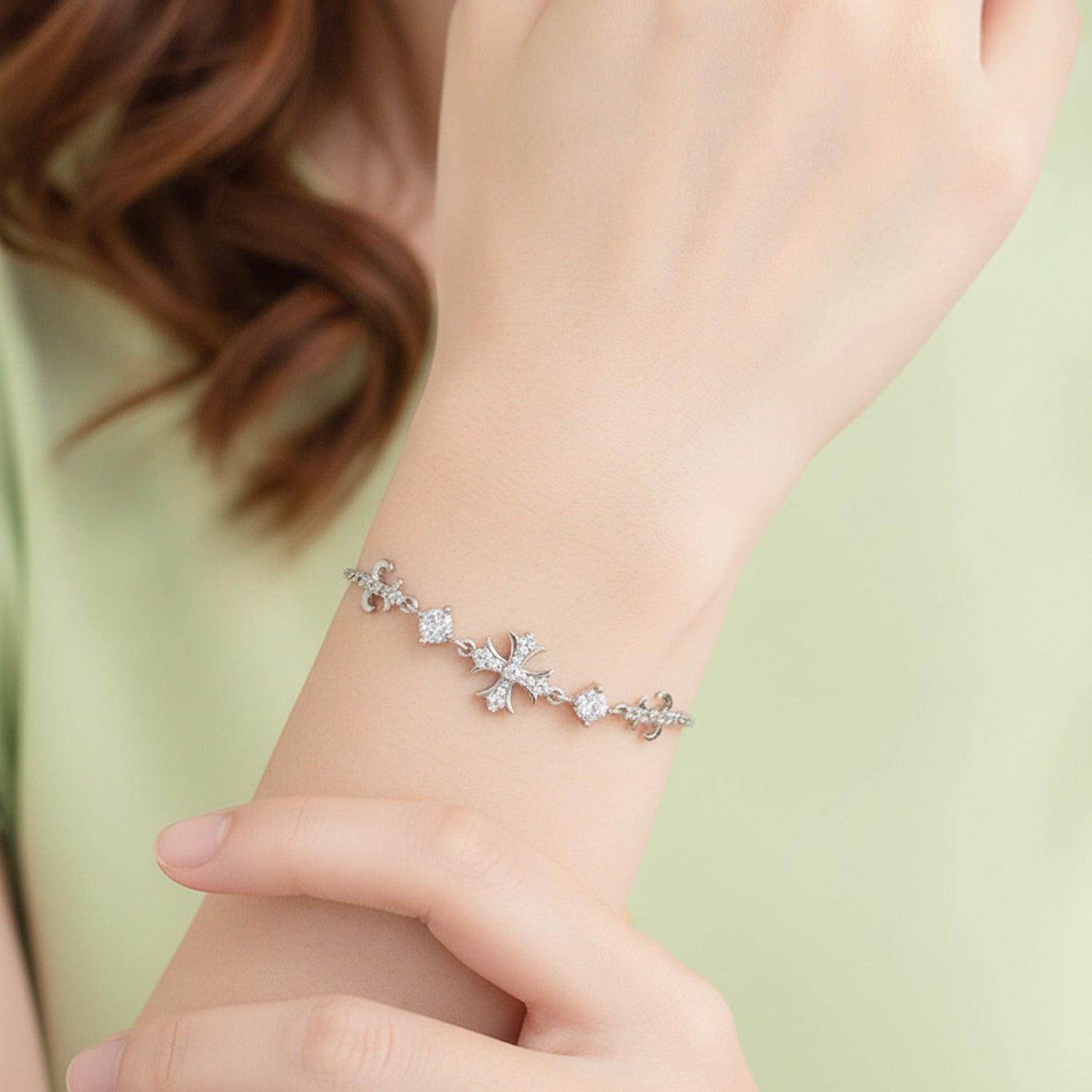 Cross Charm Bracelet With Rhinestones - Silver Bracelet