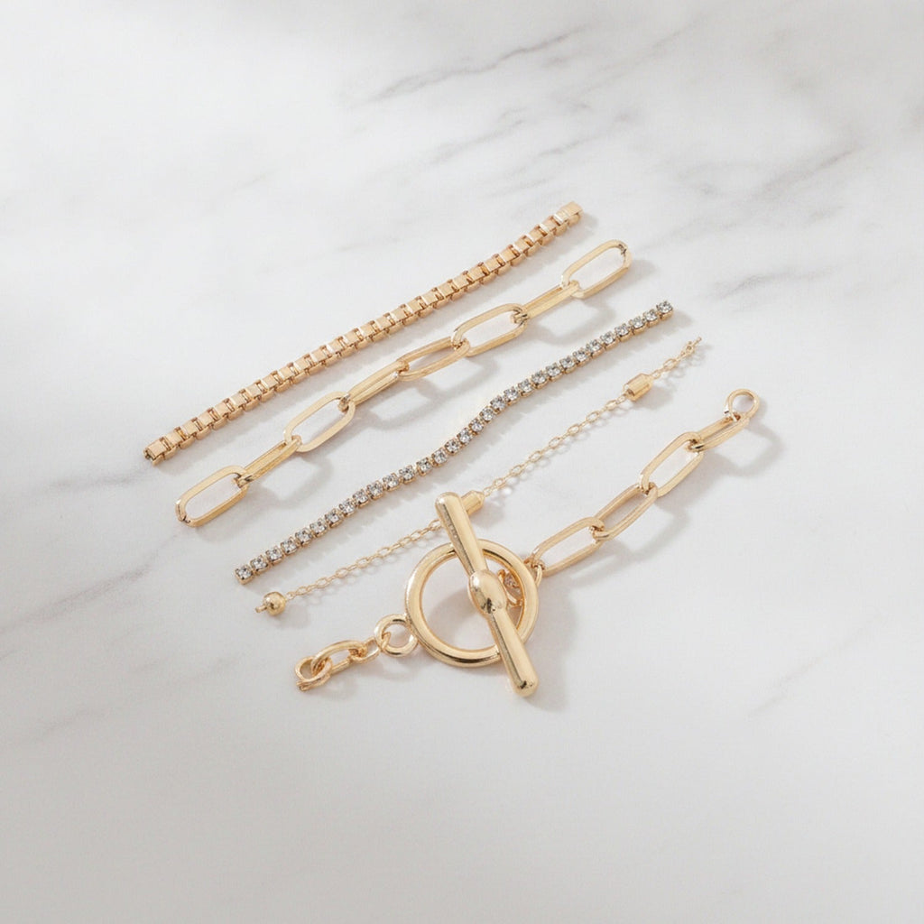 Chain Link Bracelet Set With Toggle Clasp - Gold