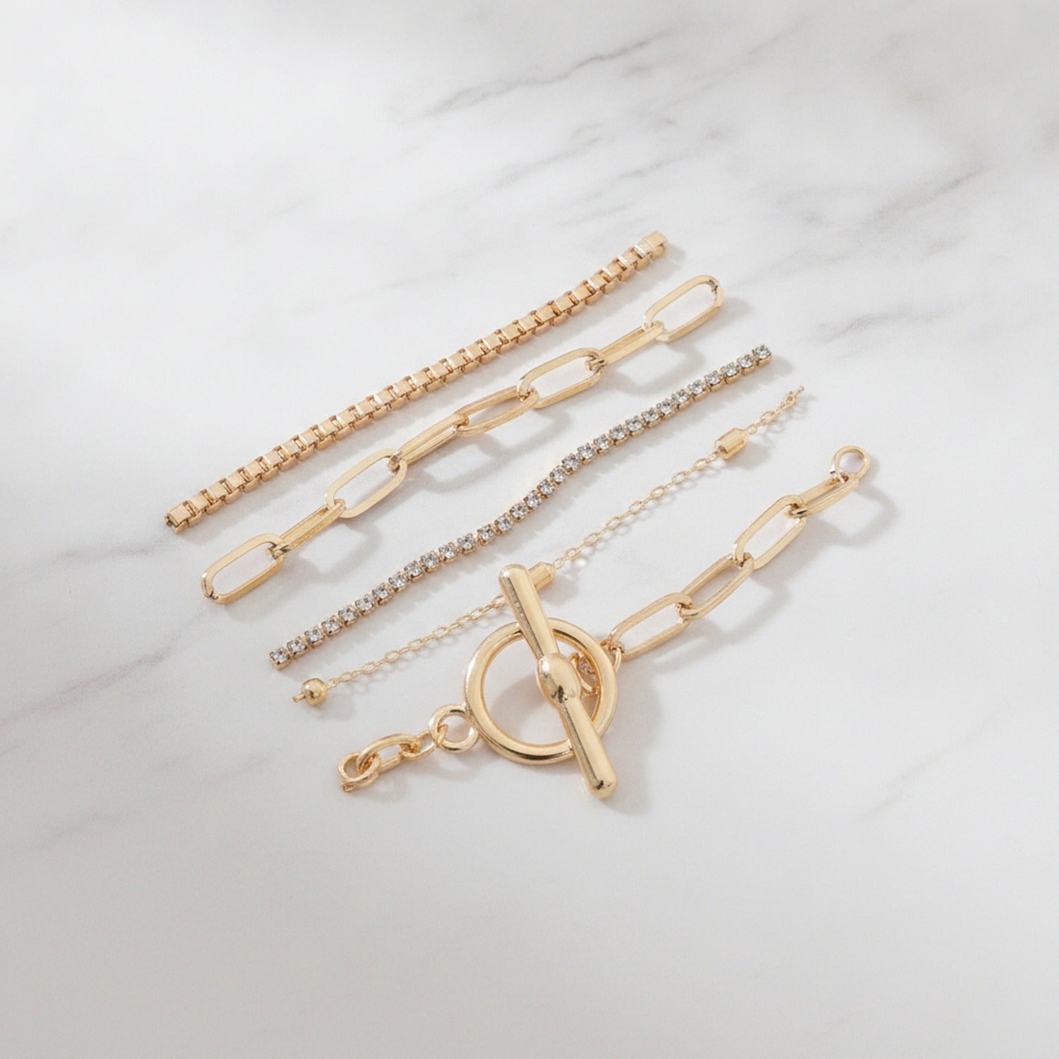 Chain Link Bracelet Set With Toggle Clasp - Gold
