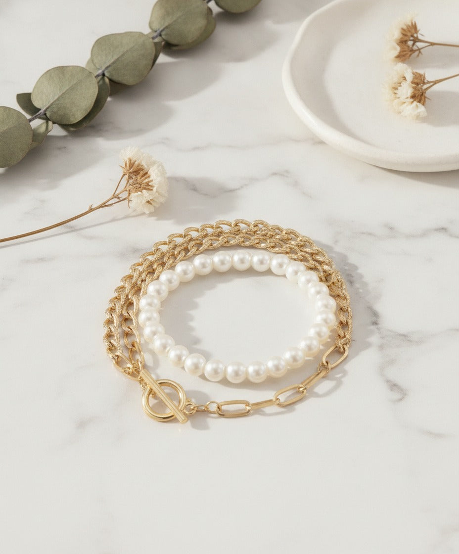 Pearl & Chain Link Bracelet - Gold – jewelry (view 2)