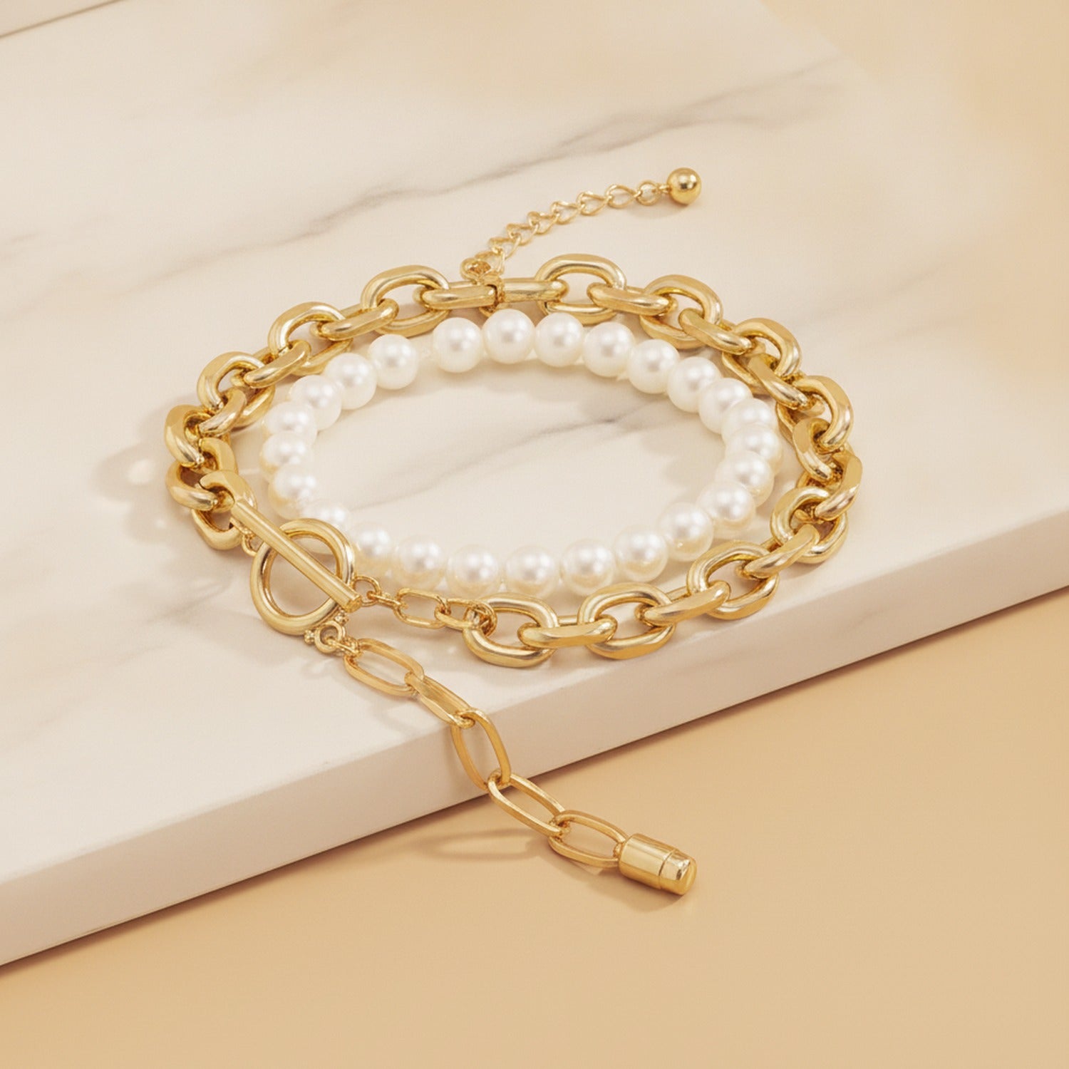 Pearl & Chain Link Bracelet - Gold