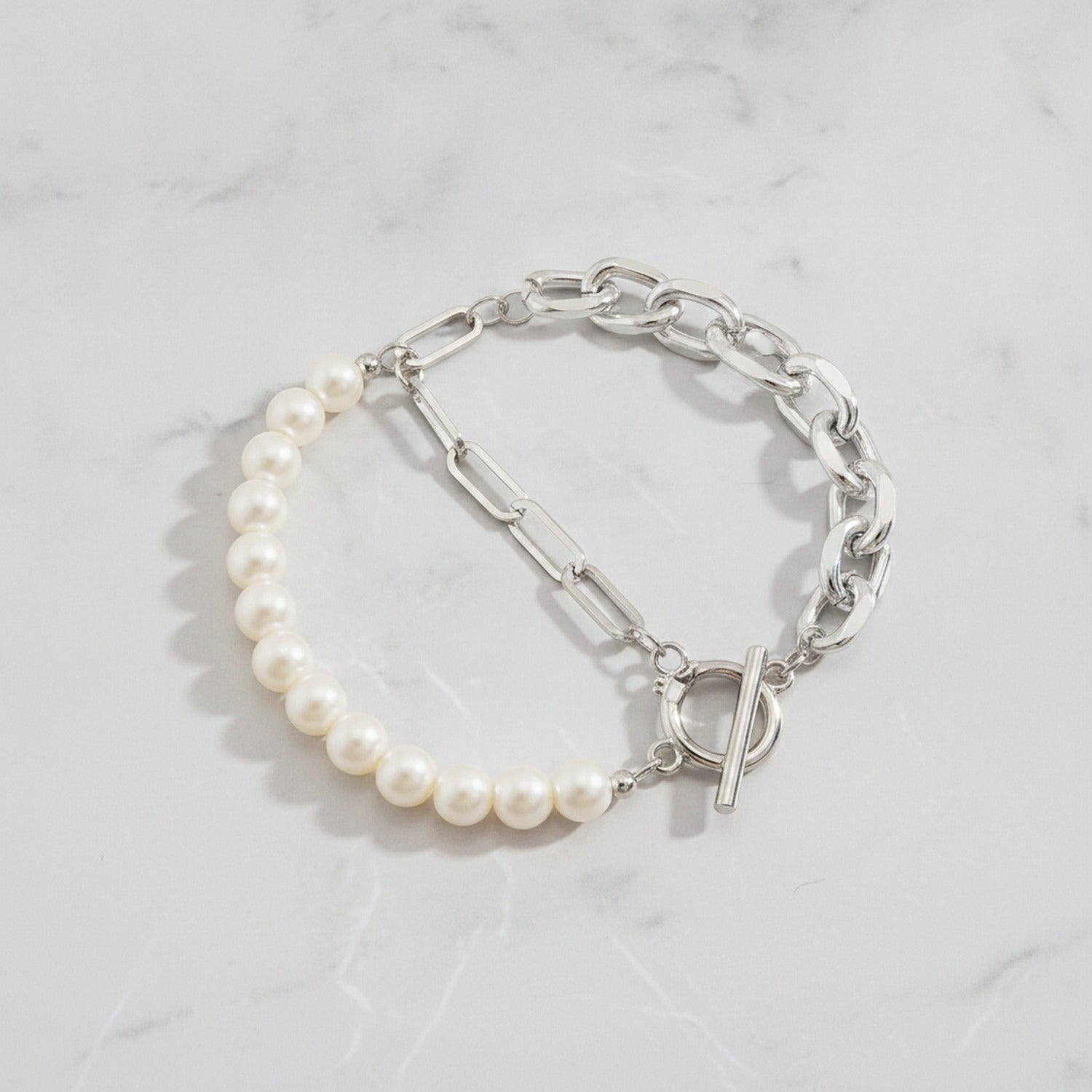 Pearl & Chain Link Bracelet - Silver