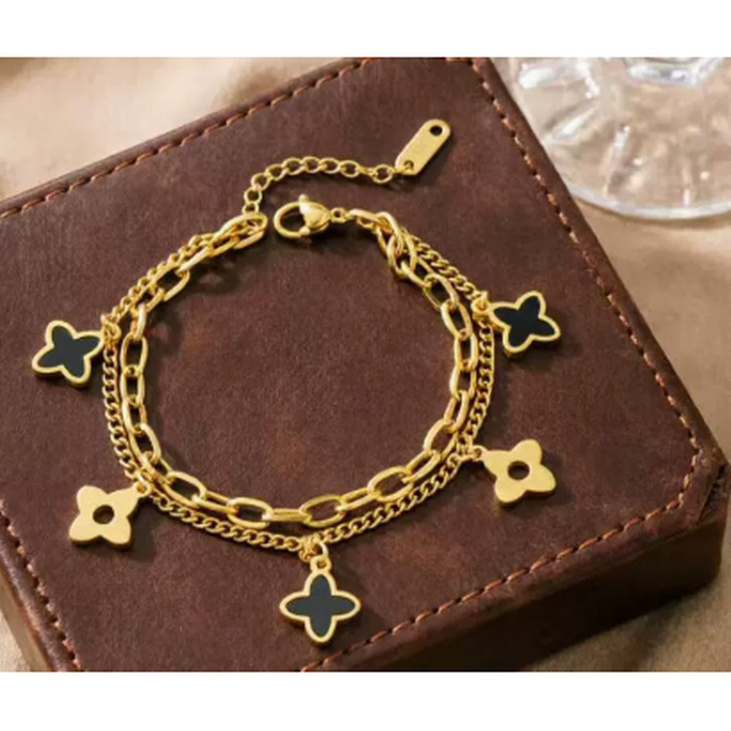 Four-Leaf Clover Charm Chain Bracelet - Double Layer Black Pearl Four Leaf Clover Bracelet Gold E126 – jewelry (view 1)