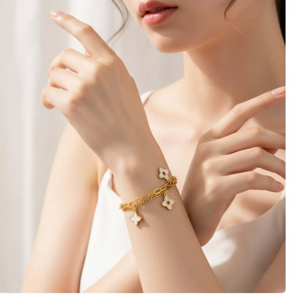 Gold Four-Leaf Clover Charm Chain Bracelet
