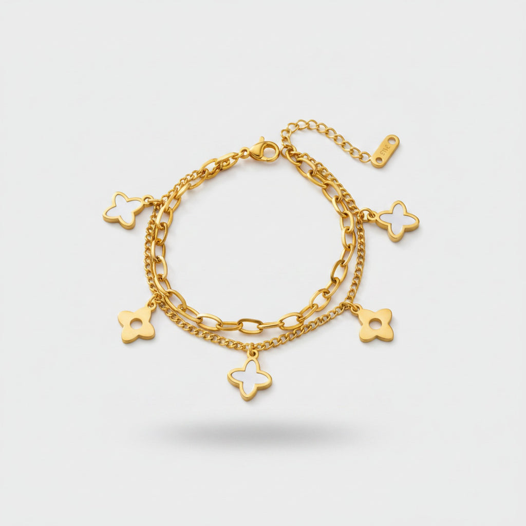 Four-Leaf Clover Charm Chain Bracelet - Double Layer White Pearl Four Leaf Clover Bracelet Gold #E127 – jewelry (view 1)
