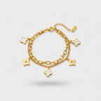 Four-Leaf Clover Charm Chain Bracelet - Double Layer White Pearl Four Leaf Clover Bracelet Gold #E127 – jewelry (view 1)