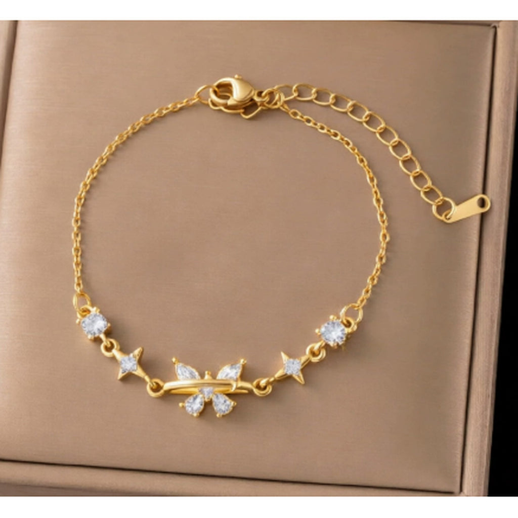 Crystal Star & Flower Chain Bracelet - White Diamond Butterfly Bracelet Gold #E2947 – jewelry (view 1)