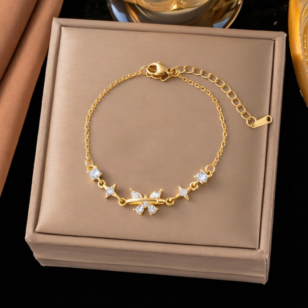 Crystal Star & Flower Chain Bracelet - White Diamond Butterfly Bracelet Gold #E2947 – jewelry (view 2)