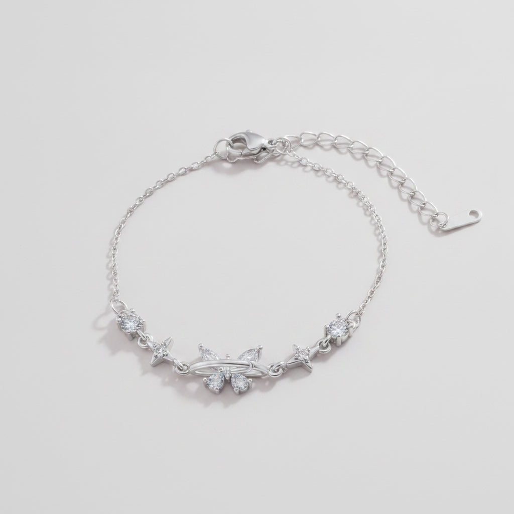 Crystal Star & Flower Chain Bracelet - White Diamond Butterfly Bracelet Silver E2948 – jewelry (view 1)