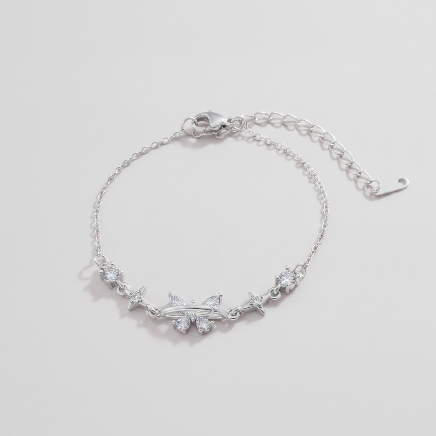 Crystal Star & Flower Chain Bracelet - White Diamond Butterfly Bracelet Silver E2948 – jewelry (view 1)