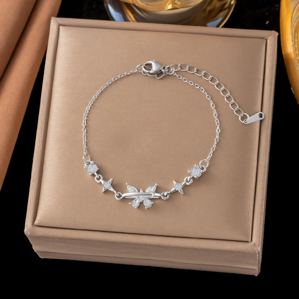 Crystal Star & Flower Chain Bracelet - White Diamond Butterfly Bracelet Silver E2948 – jewelry (view 2)