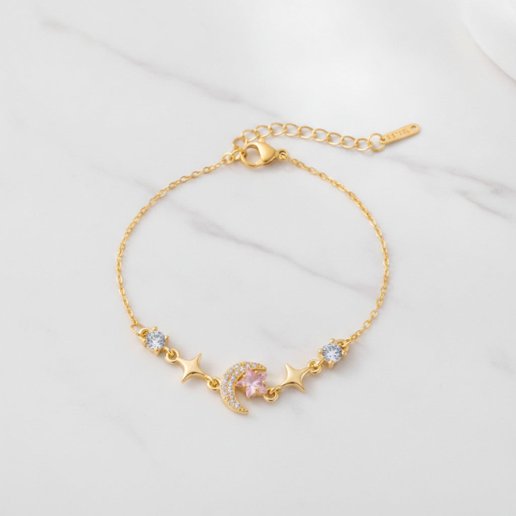Moon Star Charm Bracelet With Rhinestones - Pink Diamond Star Moon Bracelet Gold #E2951
