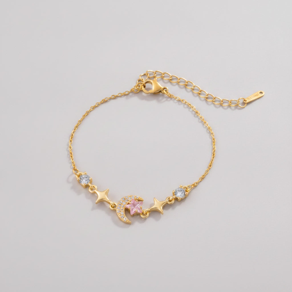 Moon Star Charm Bracelet With Rhinestones - Pink Diamond Star Moon Bracelet Gold #E2951