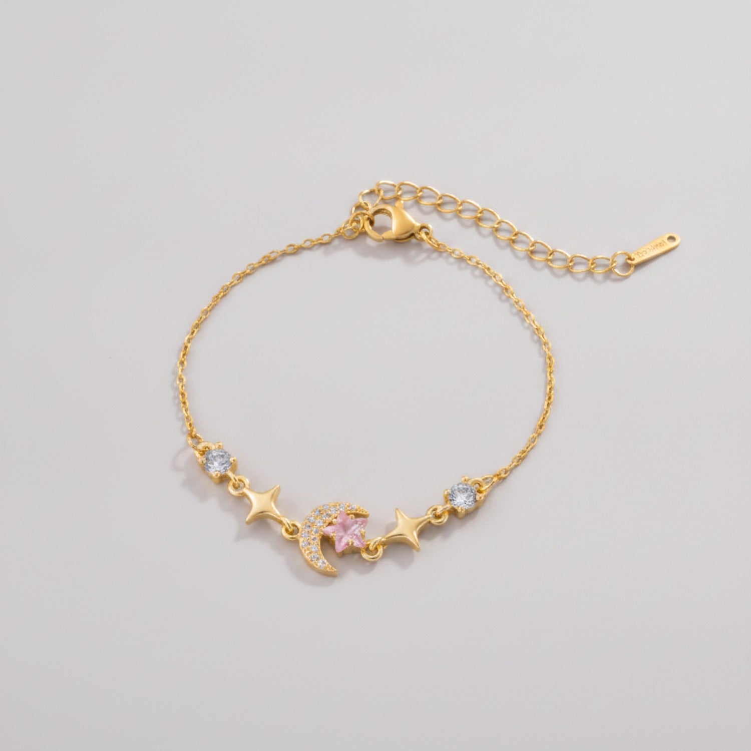 Moon Star Charm Bracelet With Rhinestones - Pink Diamond Star Moon Bracelet Gold #E2951