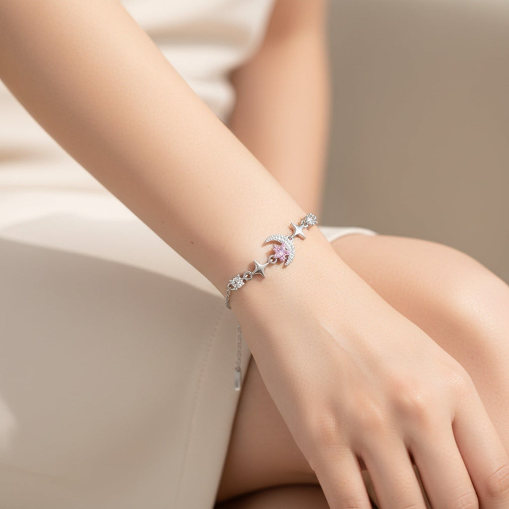 Moon Star Charm Bracelet With Rhinestones - Pink Diamond Star Moon Bracelet Silver E2952 – jewelry (view 2)