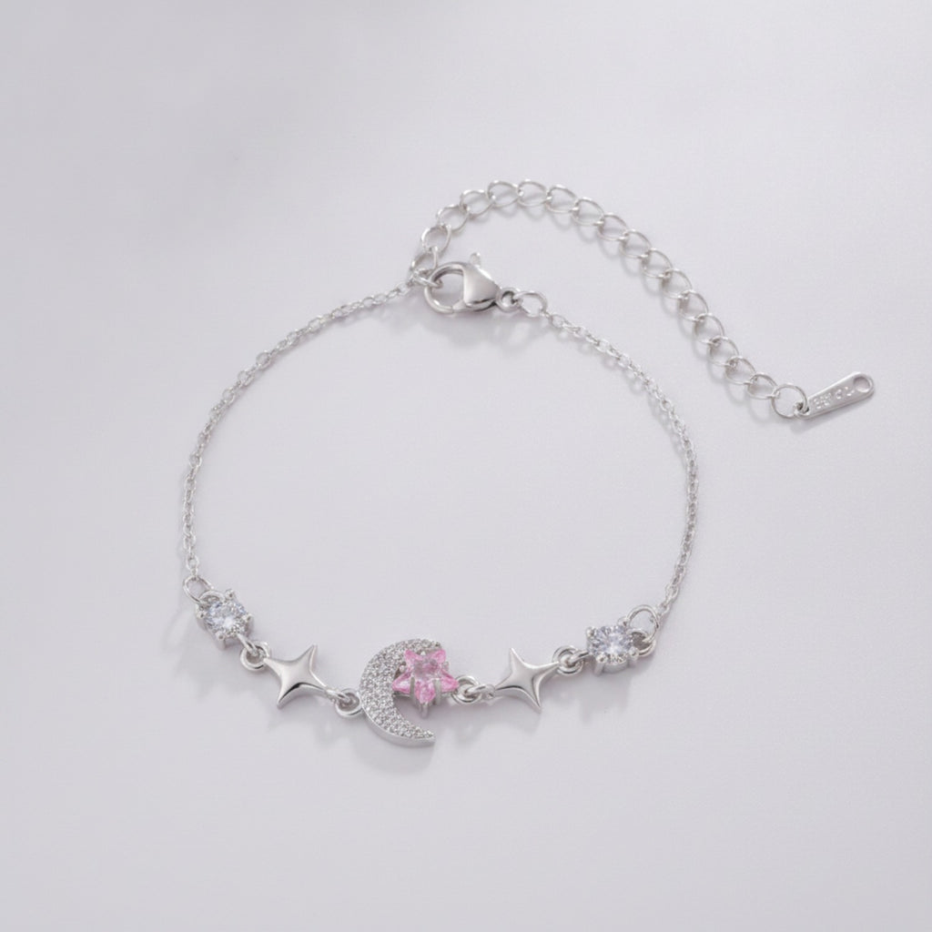 Moon Star Charm Bracelet With Rhinestones - Pink Diamond Star Moon Bracelet Silver E2952 – jewelry (view 1)