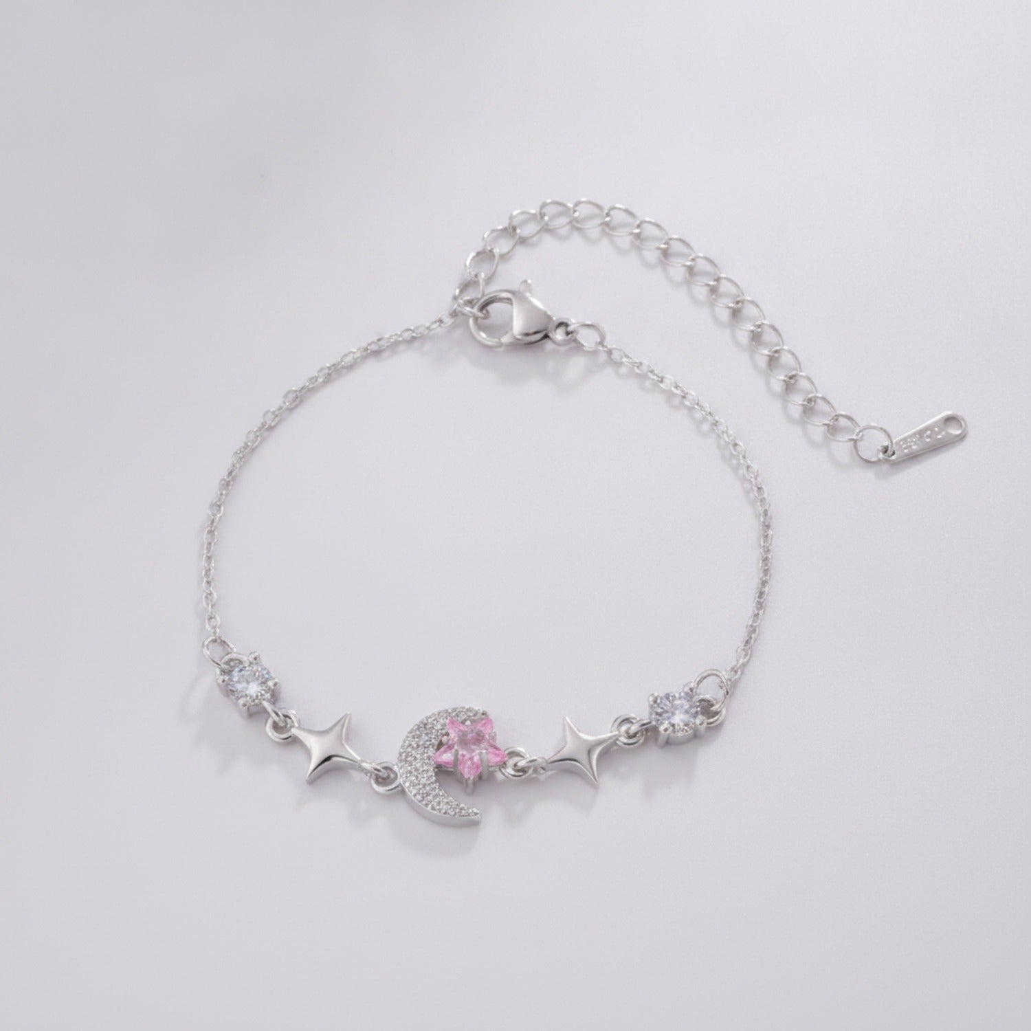 Moon Star Charm Bracelet With Rhinestones - Pink Diamond Star Moon Bracelet Silver E2952 – jewelry (view 1)