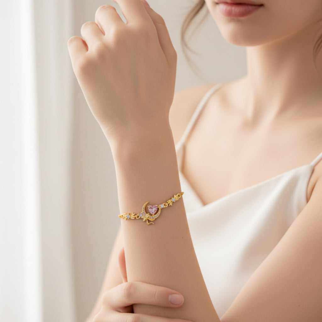 Pink Heart Moon Bow Gold Bracelet