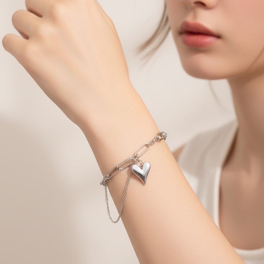 Silver Heart Charm Chain Bracelet