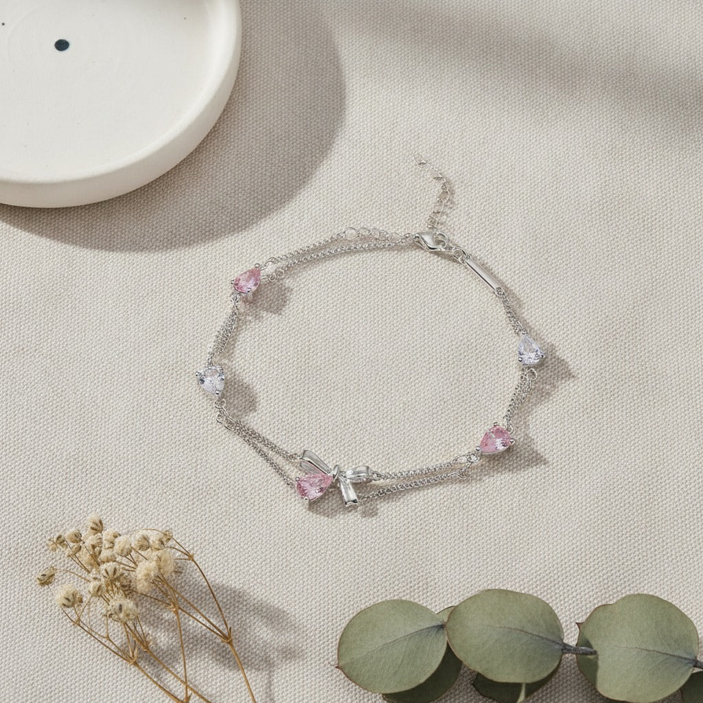 Silver Pink Heart Charm Bracelet With Bow