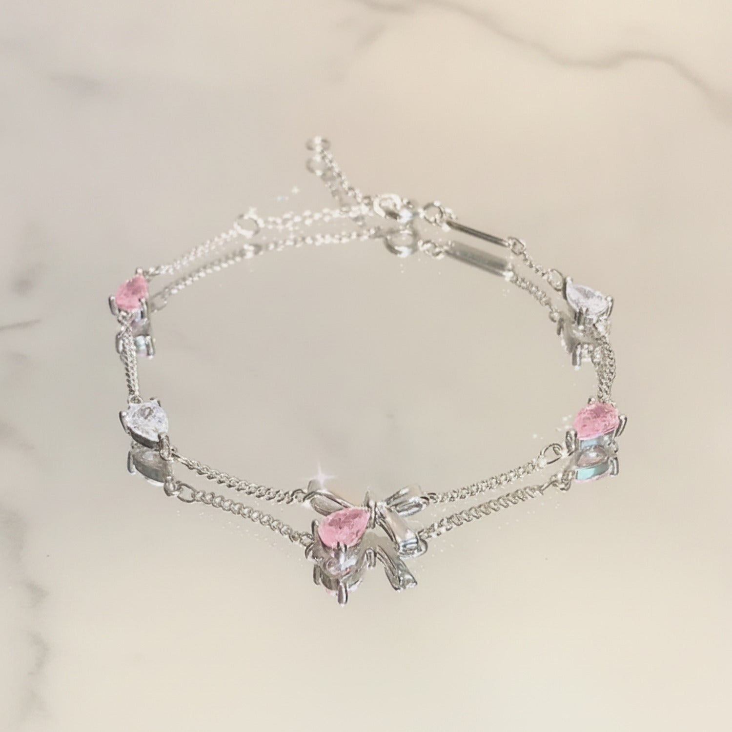 Silver Pink Heart Charm Bracelet With Bow
