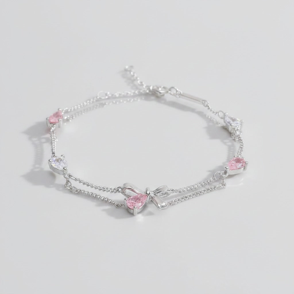 Silver Pink Heart Charm Bracelet With Bow – jewelry (view 1)