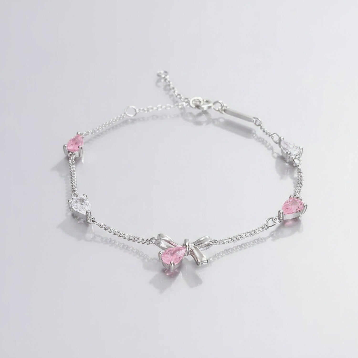 Silver Pink Heart Charm Bracelet With Bow