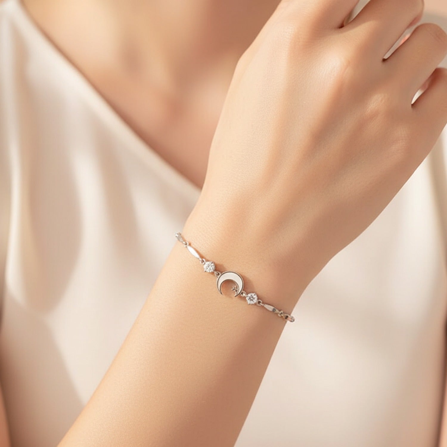 Silver Moon Charm Bracelet With Rhinestones