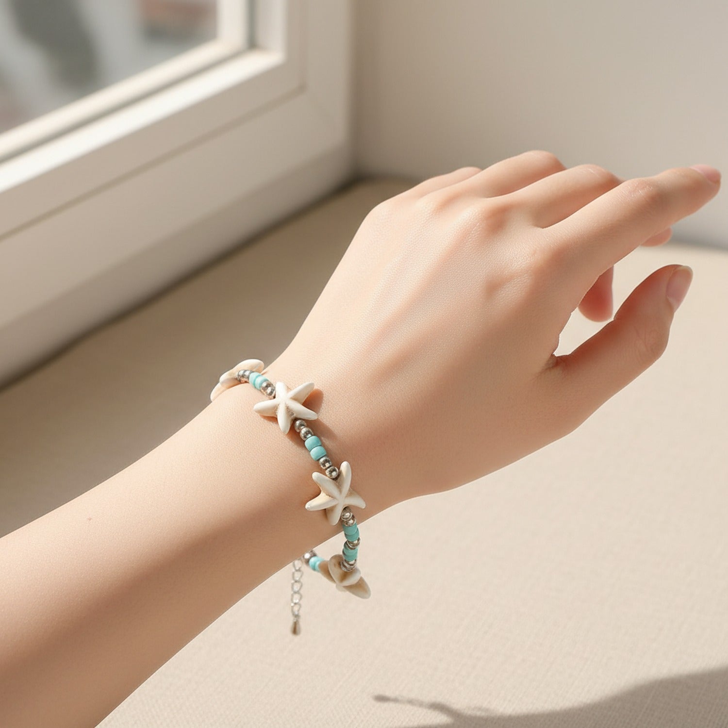 Starfish Beaded Turquoise Pearl Anklet