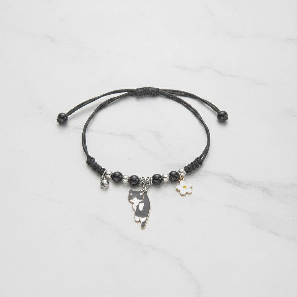 Beaded Cat Charm Bracelet with Flower - Lazy Cat Black – jewelry (view 3)