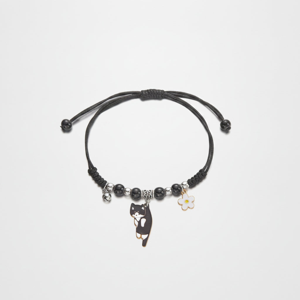 Beaded Cat Charm Bracelet with Flower - Lazy Cat Black – jewelry (view 1)