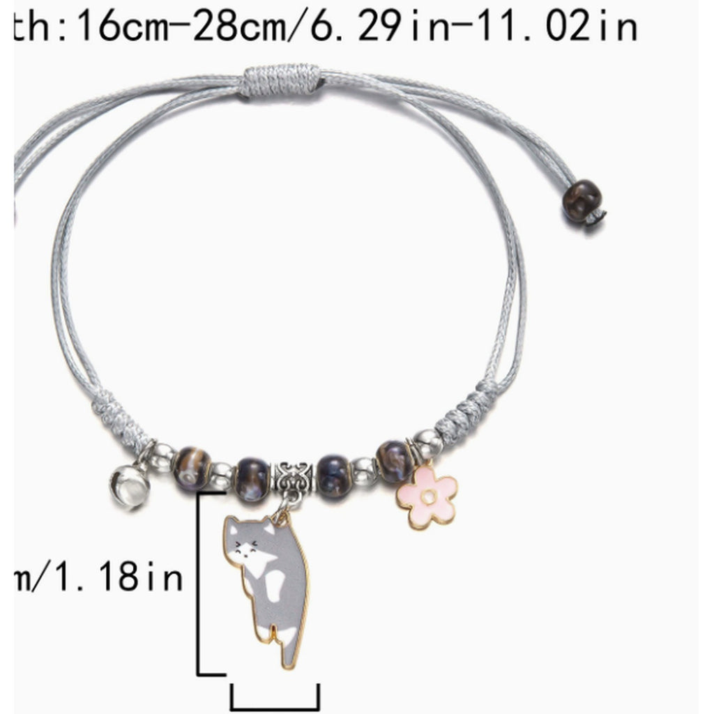 Beaded Cat Charm Bracelet with Flower - Lazy Cat Grey – jewelry (view 1)