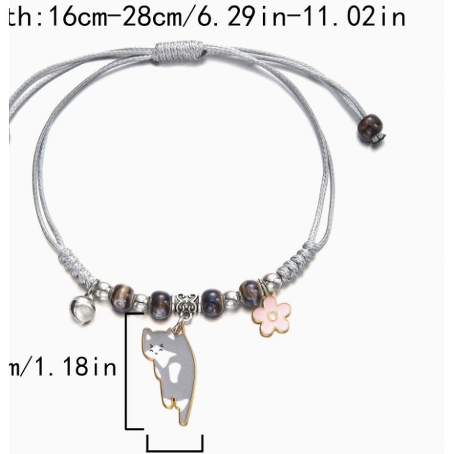 Beaded Cat Charm Bracelet with Flower - Lazy Cat Grey
