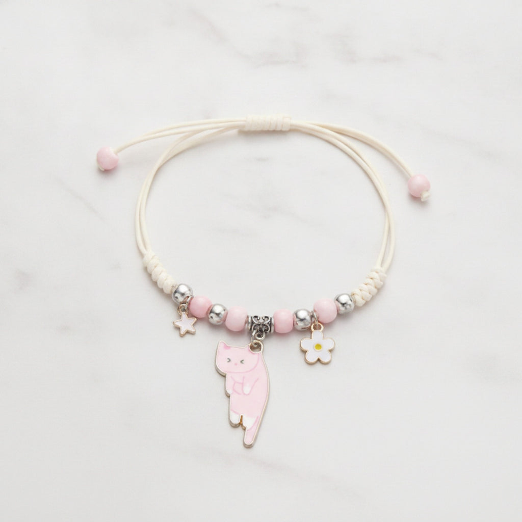 Beaded Cat Charm Bracelet with Flower - Lazy Cat Pink